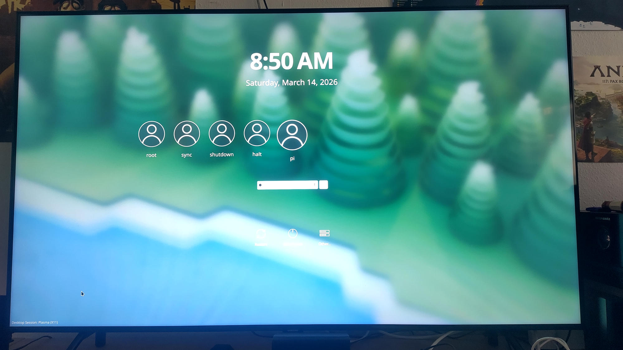 The photo shows a large monitor/TV displaying a Linux-style login screen (KDE Plasma). At the top center it reads “8:50 AM” and “Saturday, March 14, 2026.” Below are several user icons labeled root, sync, shutdown, halt, and pi, with a password entry field underneath. The background is a blurred green-and-blue landscape image, and the bottom-left corner notes “Desktop Session: Plasma (X11).