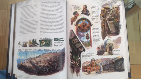An open illustrated book spread with text and colorful sketches, including character portraits and drawings of buildings and city scenes.