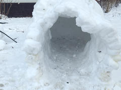 Ein kleines, handgefertigtes Iglu aus festgestampftem Schnee, aufgestellt in einem verschneiten Garten. Der Eingang gibt den Blick auf einen hohlen Innenraum frei, in dem Spuren von Schnee verstreut sind.