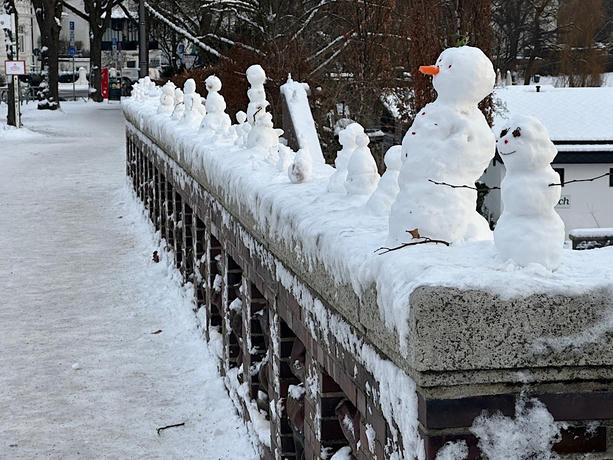 Eine Reihe kleiner Schneemänner steht am Rand einer verschneiten Brücke. Jeder Schneemann ist unterschiedlich groß und gestaltet, einige sind mit Stabärmchen und Karottennasen verziert. Die Brücke überblickt einen friedlichen, schneebedeckten Park.