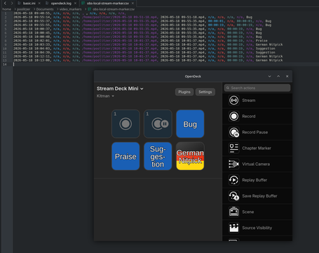 Screenshot of a Linux desktop showing a text editor with a CSV log file open and the OpenDeck app configuring a Stream Deck Mini with buttons labeled “Bug,” “Praise,” “Suggestion,” and “German Nitpick.”