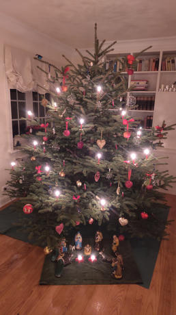 Ein Bild eines geschmückten Weihnachtsbaums mit brennenden Kerzen.